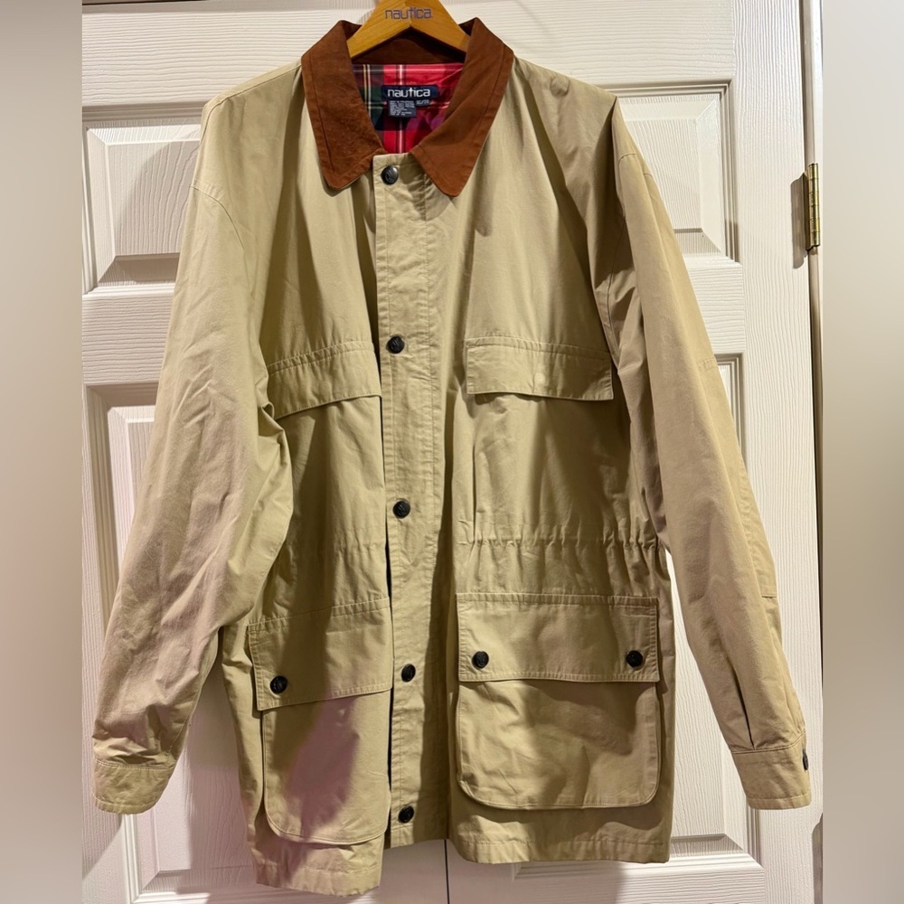 Vtg 90s Nautica Mens X-Large Distressed Leather Collar Chore Barn Jacket Beige